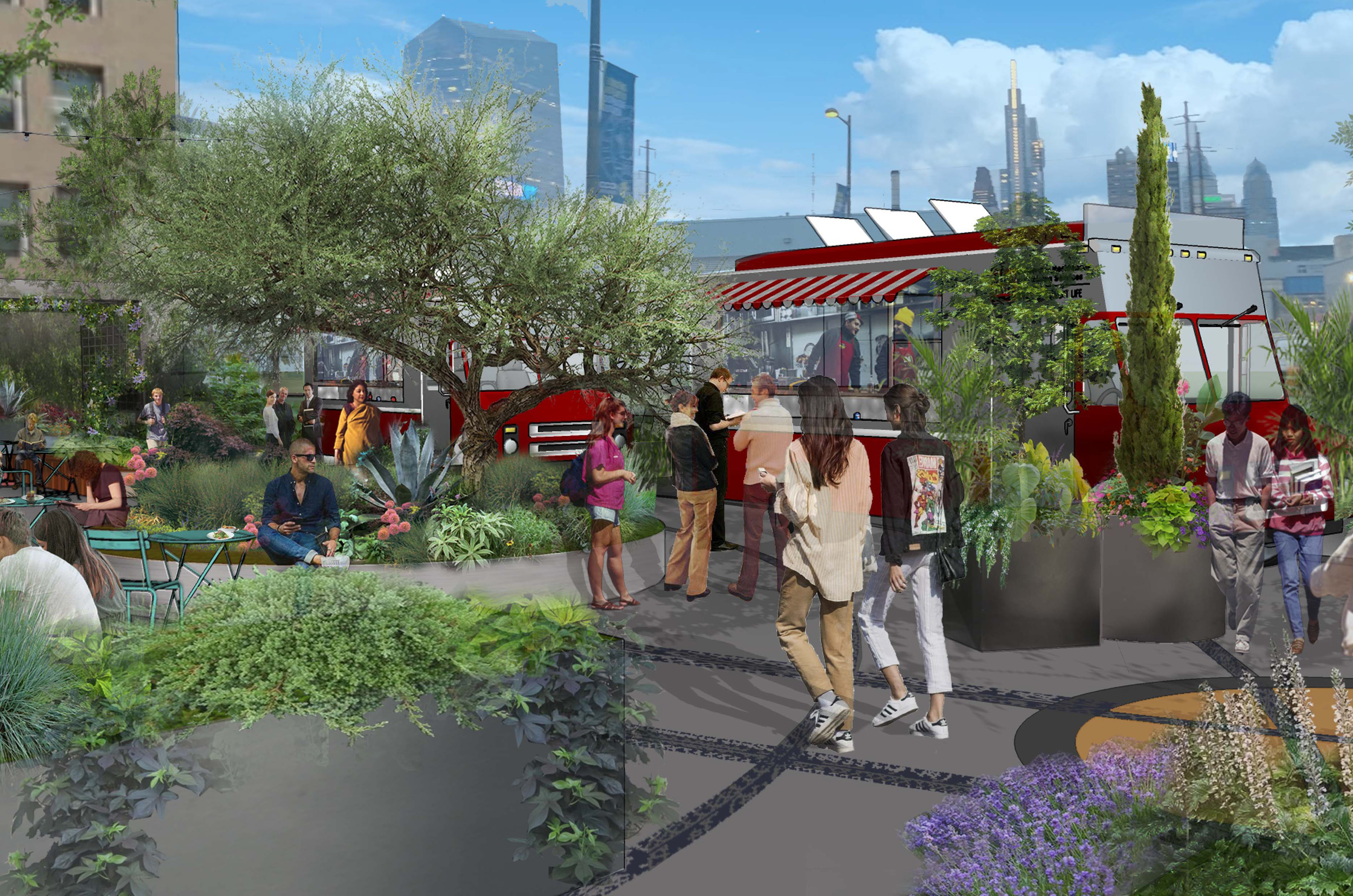rendering of the garden at 32nd and Market Streets with seating and trucks